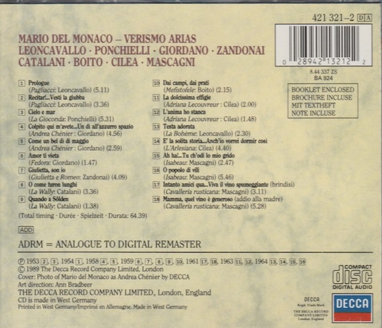 Mario del Monaco: Verismo Arias CD (Käyt)