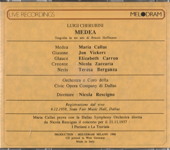 Cherubini / Callas / Vickers / Zaccaria / Rescigno: Medea 2CD (Käyt)