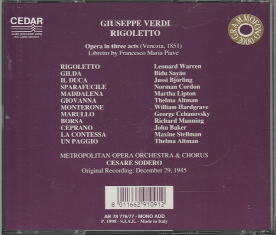 Verdi / Warren / Björling / Sayão /Lipton / Sodero: Rigoletto 2CD Käyt