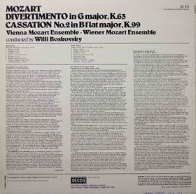 Mozart: Divertimento In G, K. 63 / Cassation No.2 in B flat, K.99 LP 