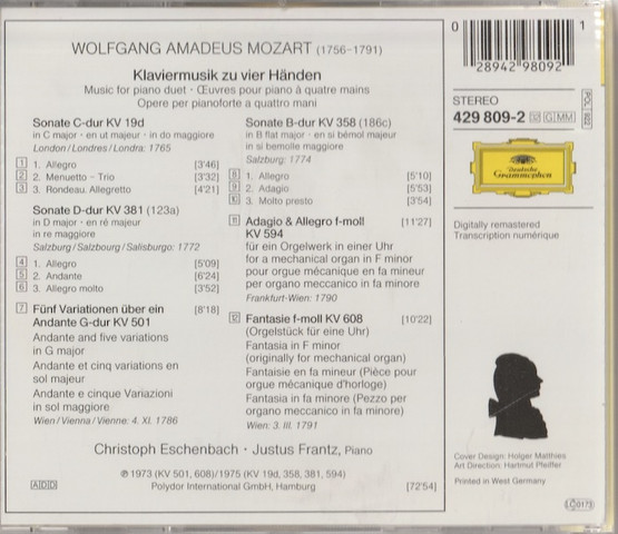 Mozart / Eschenbach / Frantz: Klaviermusik Zu 4 Händen CD (Käyt)