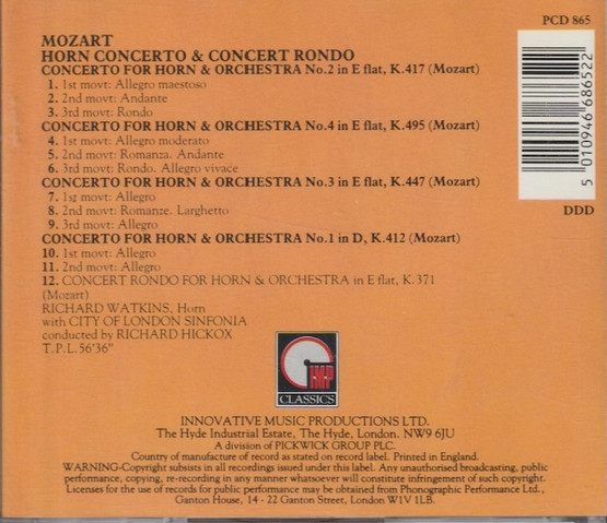 Mozart / Richard Watkins / Hickox: Horn Concertos & Concert Rondo CD