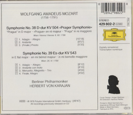 Mozart / Karajan: Symphonien Nr. 38 »Prager« & Nr. 39 CD (Käyt)