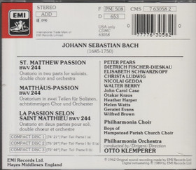 JS Bach / Pears /Fischer-Dieskau /Klemperer: Matthäus-Passion 3CD Käyt