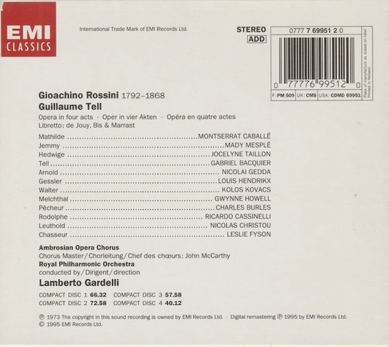 Rossini / Bacquier / Caballé / Gardelli: Guillaume Tell 4CD Box (Käyt)