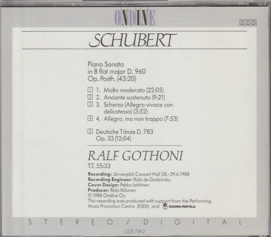 Schubert /Ralf Gothoni: Piano Sonata In B Flat Major D. 960. CD (Käyt)