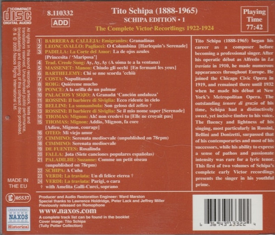 Tito Schipa: The Complete 1922-1924 Recordings, Vol. 1. CD (Käyt)