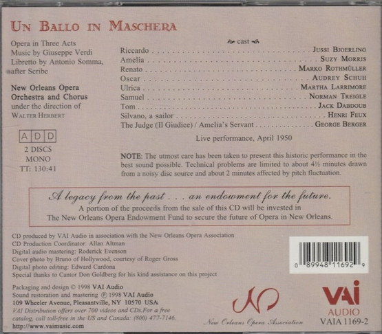 Verdi / Björling / Morris / Herbert: Un Ballo in Maschera 2CD (Käyt)