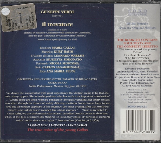 Verdi / Callas / Baum / Simionato / Picco: Il Trovatore 2CD (Käyt)