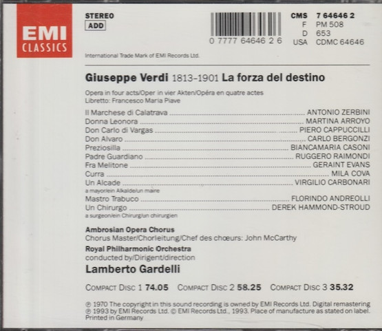 Verdi / Arroyo / Bergonzi / Gardelli: La Forza Del Destino 3CD (Käyt)