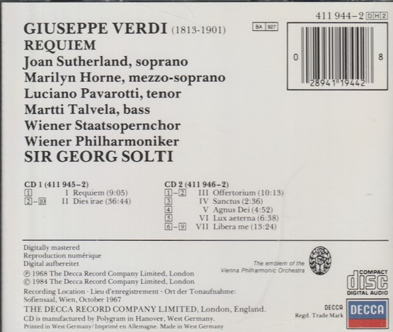 Verdi / Sutherland / Pavarotti / Talvela / Solti: Requiem 2CD (Käyt)