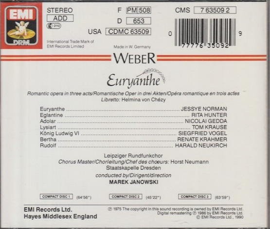 Weber / Norman /Hunter /Gedda /Krause / Janowski: Euryanthe 3CD (Käyt)