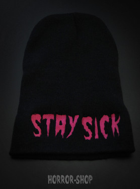 Stay Sick beanie, black with dark pink embroydery