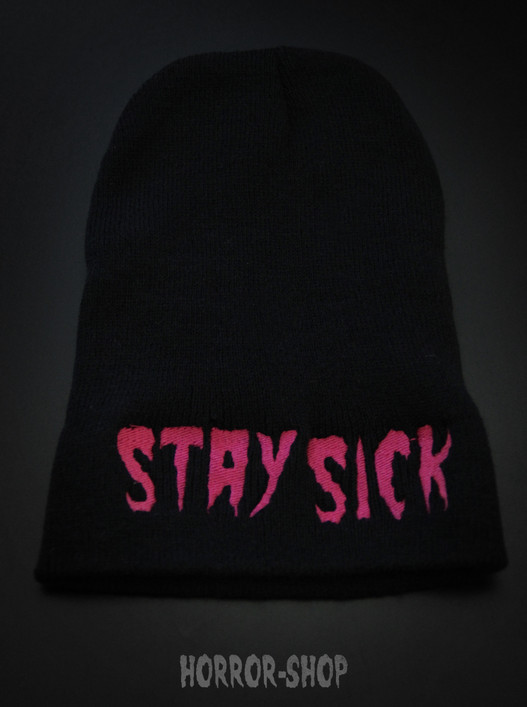 Stay Sick beanie, black with dark pink embroydery