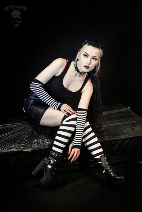 Black and white striped fingerless long wristband