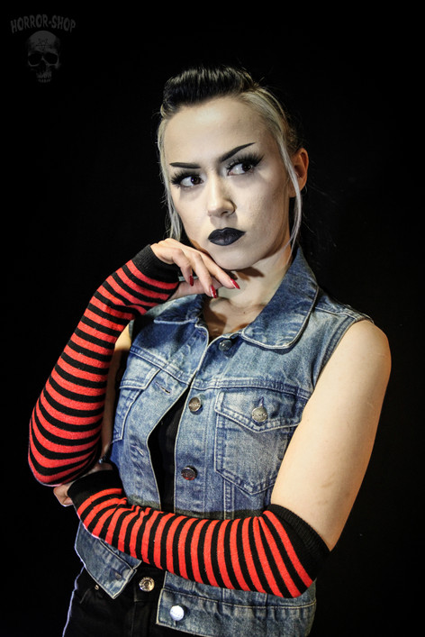 Black and red striped fingerless long wristband