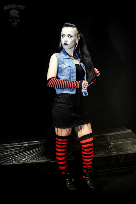 Black and red striped fingerless long wristband