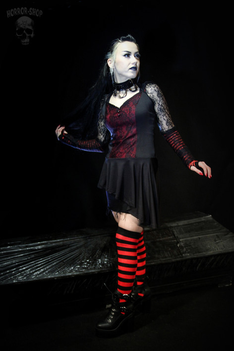 Black and red striped fingerless long wristband