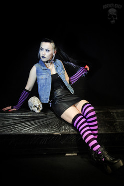 Black and purple striped fingerless long wristband