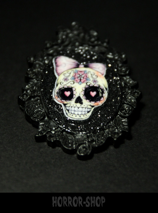 Sugarskull brooch, black, pink hairdecoration (3)