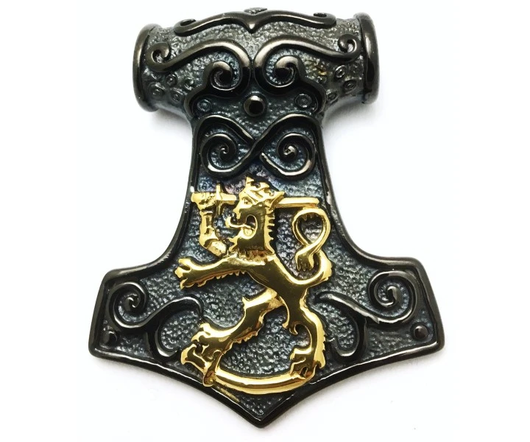 Lion Hammer 2 – Black Steel Pendant with Gold-Plated Lion