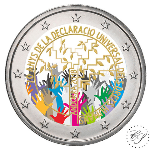 Andorra 2 € 2018 Ihmisoikeudet 70 vuotta väritetty