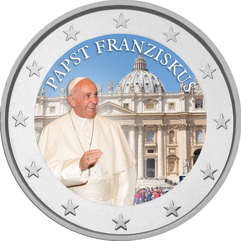 Vatikaanin paavit - Franciscus I 2 € -juhlaraha, väritetty
