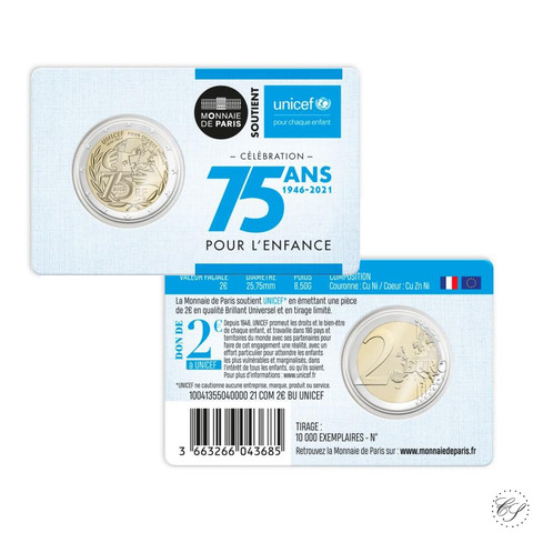 Ranska 2 € 2021 Unicef 75 vuotta BU coincard