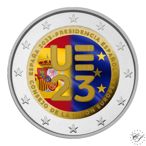 Espanja 2 € 2023 EU-puheenjohtajuus, väritetty (#2)
