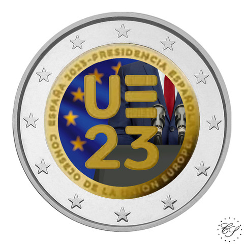 Espanja 2 € 2023 EU-puheenjohtajuus, väritetty (#4)