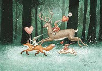 Kauris, kettu ja kani laukkaavat joulukortti