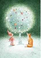 Tonttu ja kettu katsovat jouluista puuta