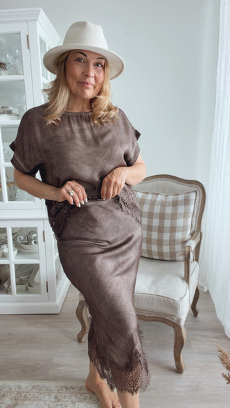 KELLY SATIN SKIRT WITH LACE BROWN