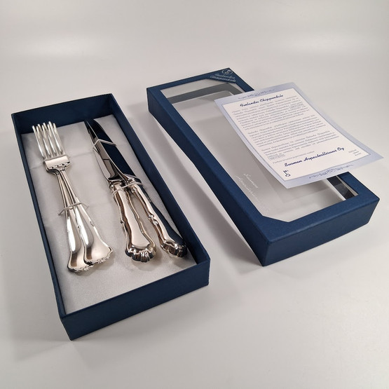 Aterinsetti, 2kpl haarukka ja 2kpl veitsi, Chippendale, hopeaa