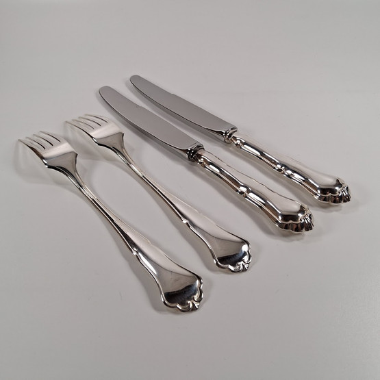 Aterinsetti, 2kpl haarukka ja 2kpl veitsi, Chippendale, hopeaa