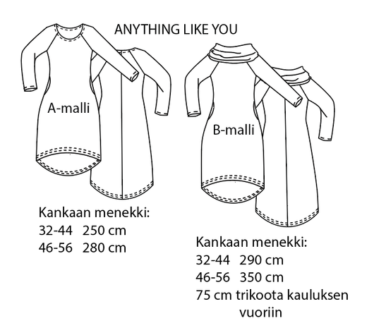 Jujuna, kaavapaketti: Naisten raglanmekot 32-56