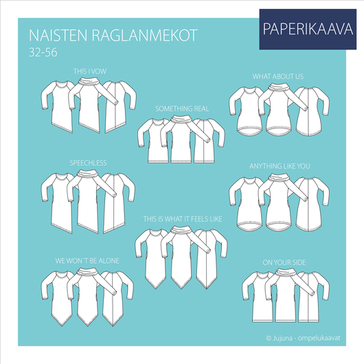 Jujuna, kaavapaketti: Naisten raglanmekot 32-56