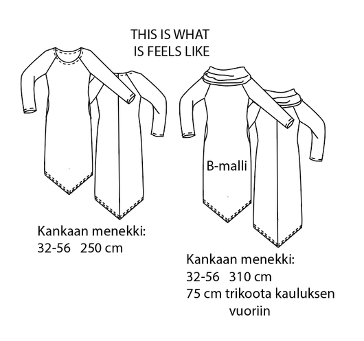 Jujuna, kaavapaketti: Naisten raglanmekot 32-56
