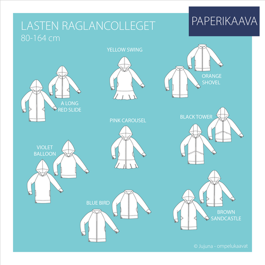 Jujuna, kaavapaketti: Lasten raglancolleget 80-164 cm