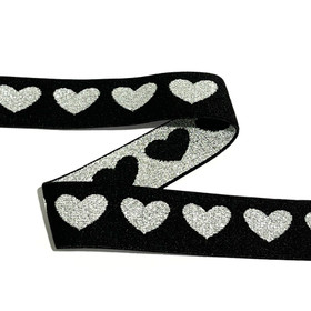 Bokserikuminauha 25mm glitterisydän, hopea - musta