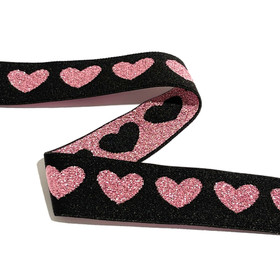 Bokserikuminauha 25mm glitterisydän, pinkki - musta