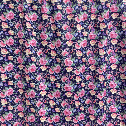 Puuvilla: Ruusut, tummansininen - pinkki
