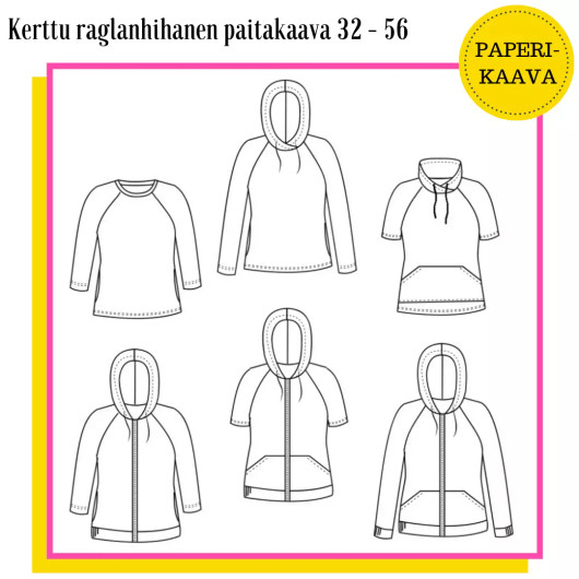 Unelmallinen, kaavapaketti: Kerttu raglanhihainen paitakaava 32-56