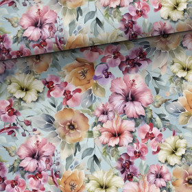 Digitrikoo: Värikkäät kukat, vaalea turkoosi - monivärinen