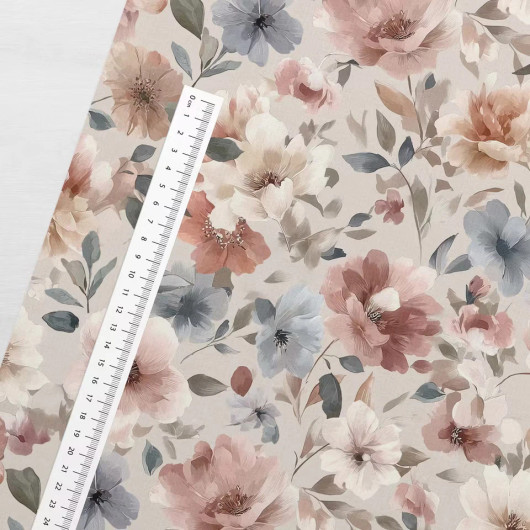 Digitrikoo: Hennot kukat, beige - vanha roosa - siniharmaa