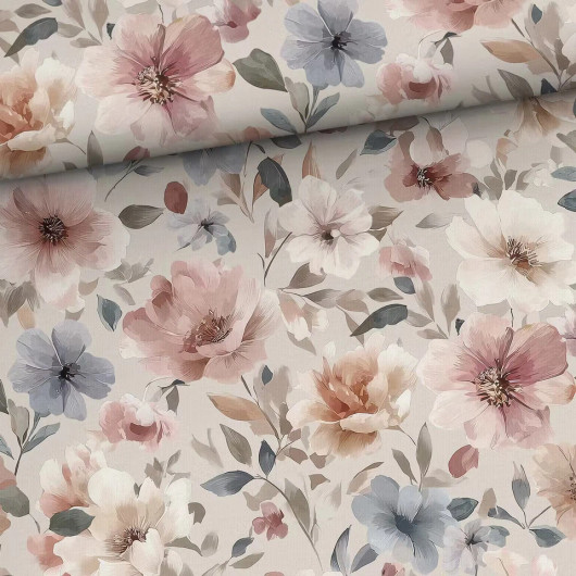 Digitrikoo: Hennot kukat, beige - vanha roosa - siniharmaa