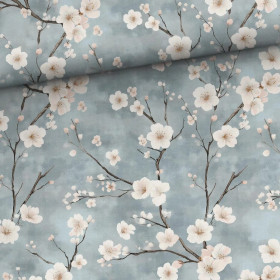 Digitrikoo: Valkoiset kirsikankukat, vaalea jeans