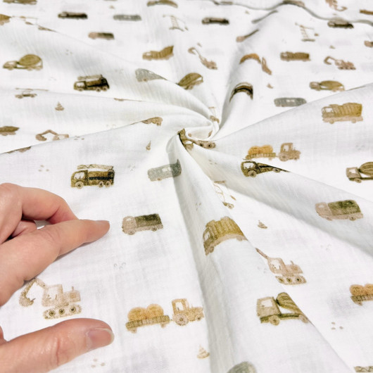 Double gauze: Kulkuneuvot, valkoinen - beige