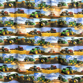 Digitrikoo: Vihreät, punaiset ja oranssit traktorit pellolla, ruskea - okra - taivaansininen 