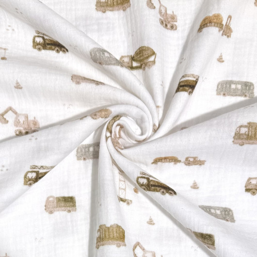 Double gauze: Kulkuneuvot, valkoinen - beige